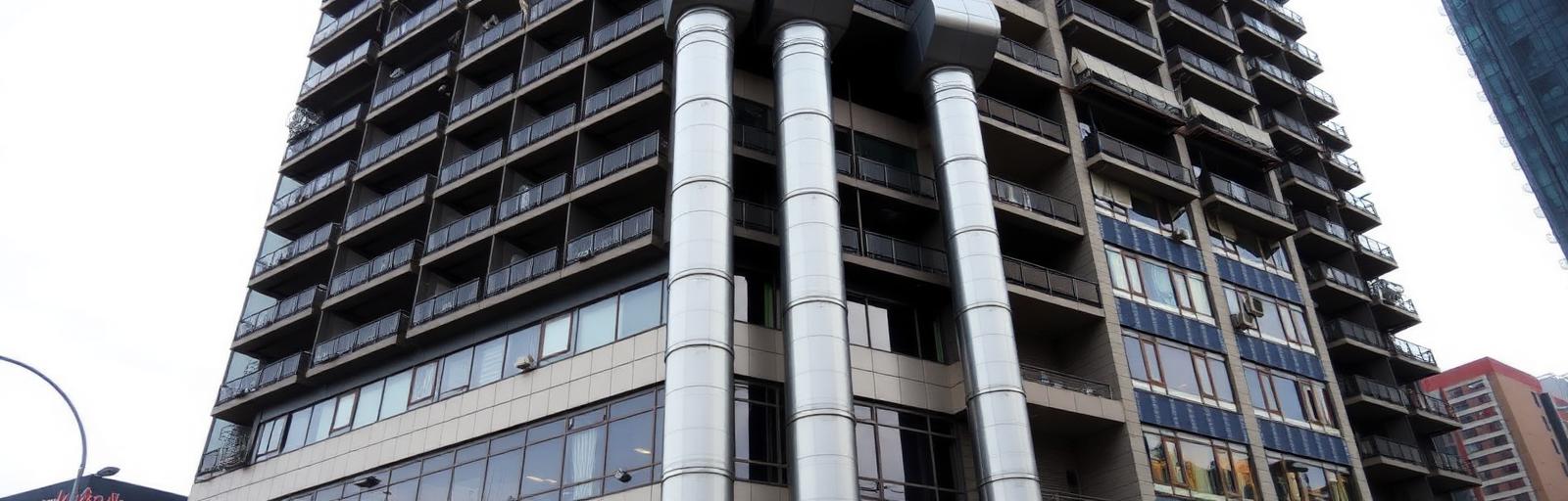 Chimeneas de hostelería en centro comercial bajo edificios residenciales