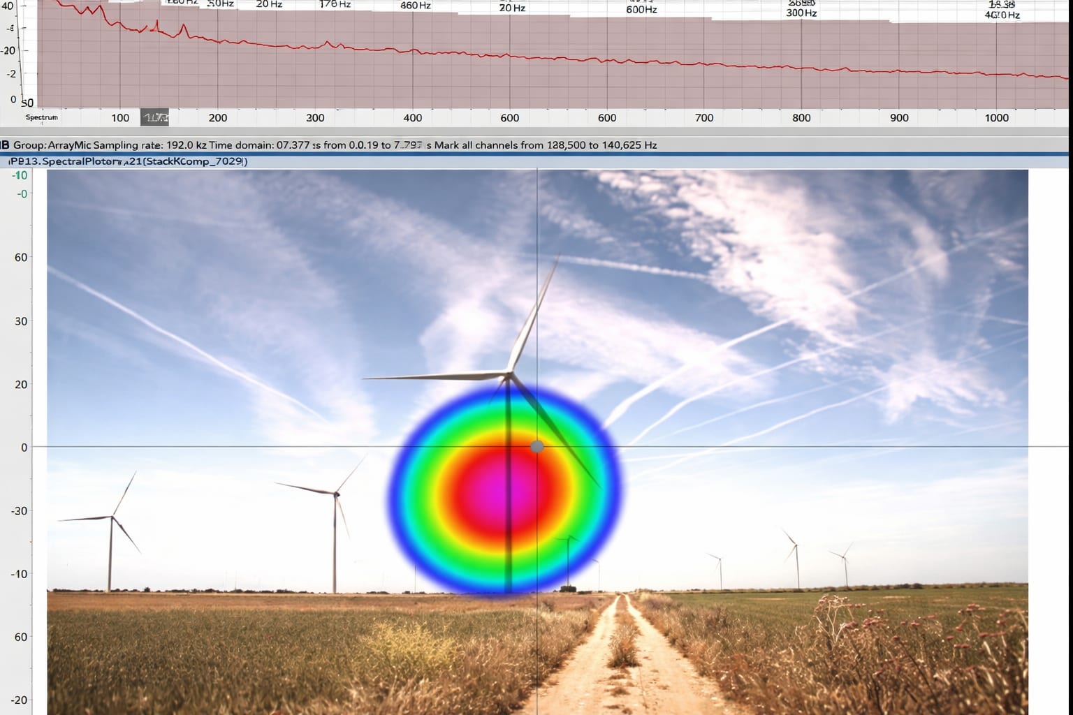 Análisis espectral y beamforming de aerogenerador con mapa de calor acústico