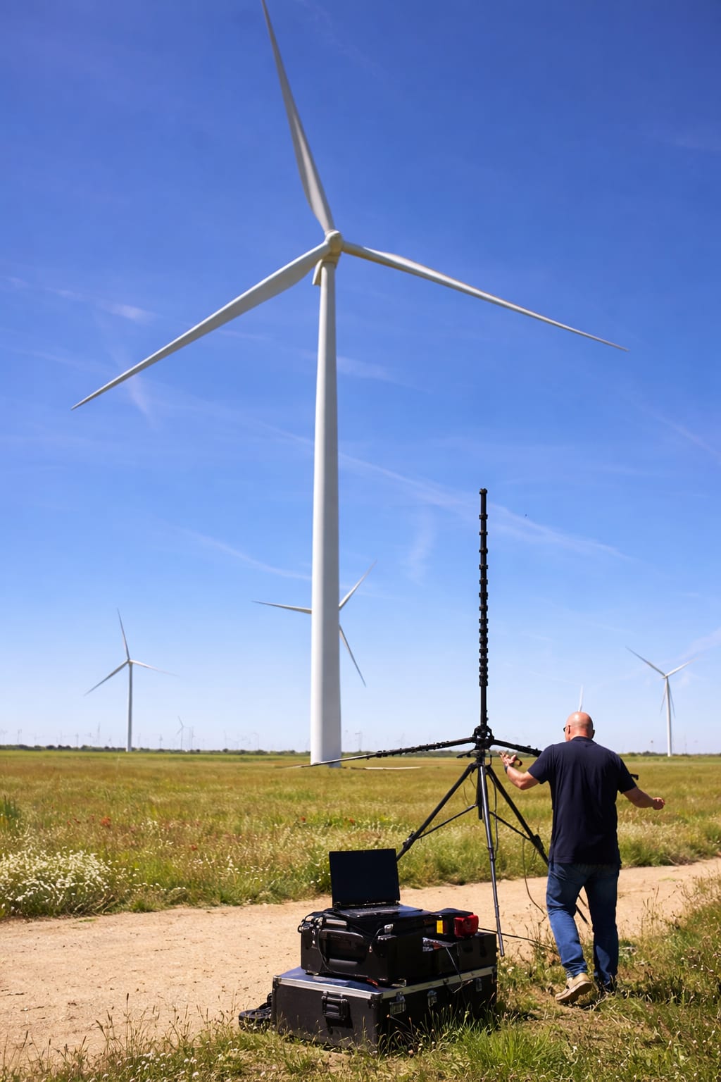 Técnico realizando medición acústica en campo eólico con array de micrófonos