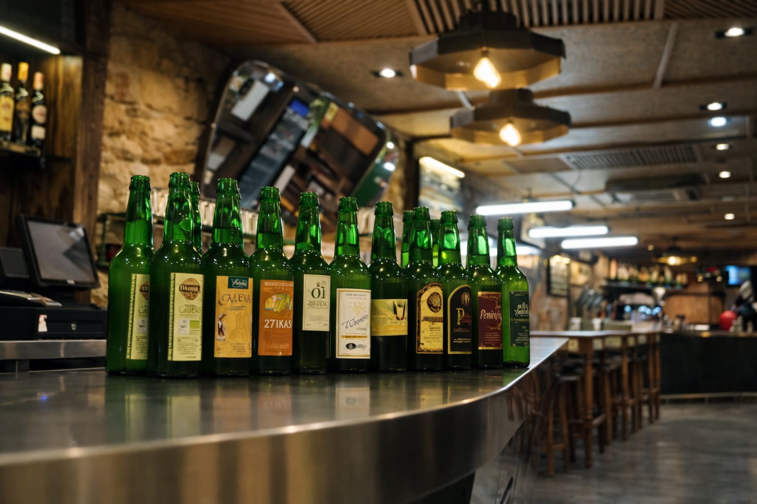 Barra del local con paneles absorbentes ocultos en techo