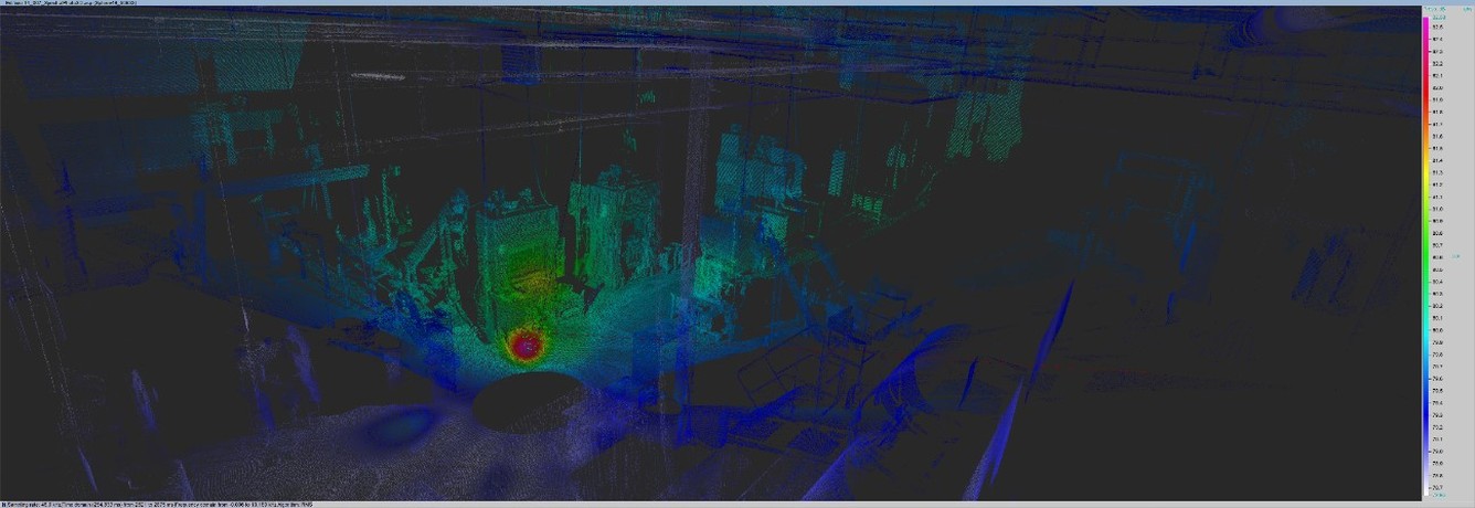 Mapa acústico 3D de planta industrial con nube de puntos y mapa de calor